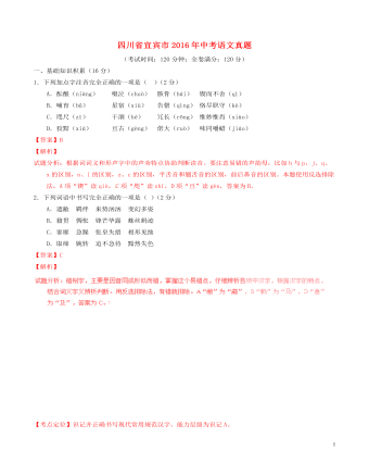 四川省宜賓市2016年中考語文真題（含解析）