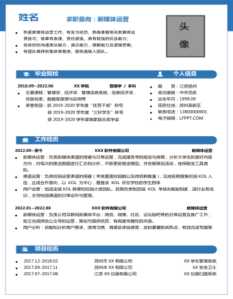 新媒體運營崗位個人簡歷模板