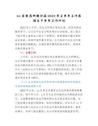 xx區(qū)生態(tài)環(huán)境分局2023年上半年工作總結(jié)及下半年工作計(jì)劃