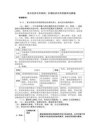 人教版高中政治選修3亞太經(jīng)濟(jì)合作組織：區(qū)域經(jīng)濟(jì)合作的新形式教案