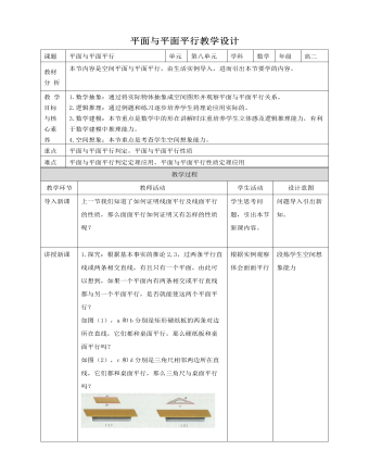 人教A版高中數(shù)學必修二平面與平面平行教學設計